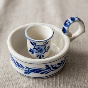 Vintage 1970s/80s Hand Painted Delft Blue Mini Chamberstick Candle Holder
